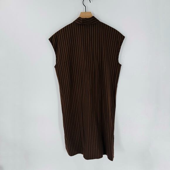 Loup XS Brown Black Striped Button Front Cotton Midi Shift Dress Slow Fashion - Picture 2 of 7